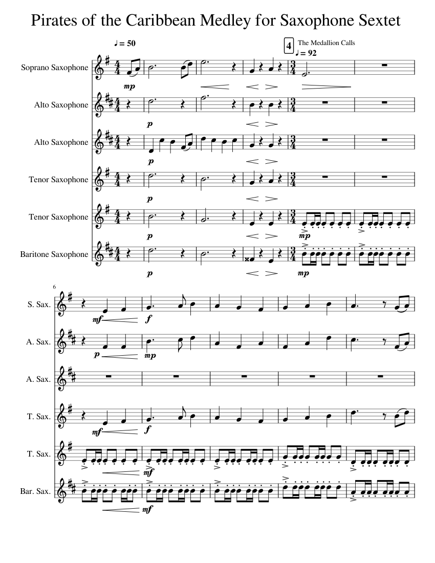 Pirates of the Caribbean Medley for Saxophone Sextet Sheet Music