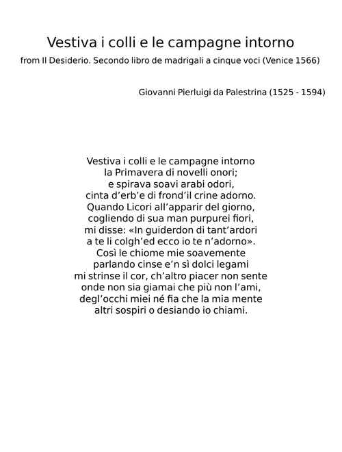 Vestiva i colli e le campagne intorno – Giovanni Pierluigi da Palestrina