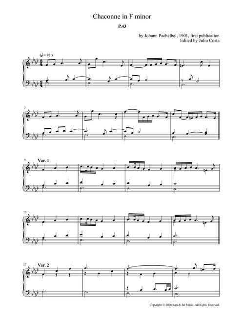 Chaconne in F minor, P.43 (Arr. Julio Costa) - Johann Pachelbel (Piano Solo)