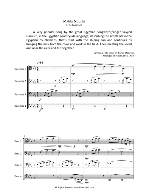 Mahla Nourha (arabic song) - Bassoon quartet (Arr. Wajdi Abou Diab) - Sayed Darwich (Woodwind Ensemble)