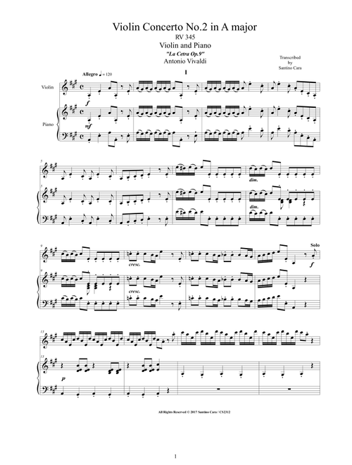Vivaldi - Violin Concerto No.2 in A major RV 345 for Violin and Piano (Arr. Santino Cara) - Vivaldi Antonio (Violin and Piano)