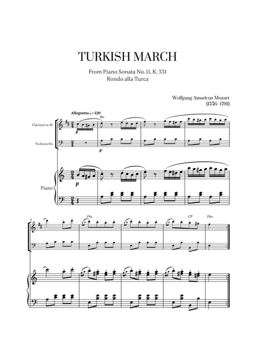 W. A. Mozart - Turkish March (Alla Turca) for Clarinet, Cello and Piano (Arr. Cadenza Editions) (Instrumental Duet and Piano)