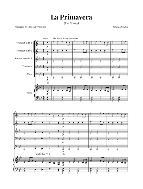 La Primavera (The Spring) by Vivaldi - Brass Quintet with Piano and Chord Notations (Arr. Glauco Fernandes) - Antonio Vivaldi (Brass Ensemble)