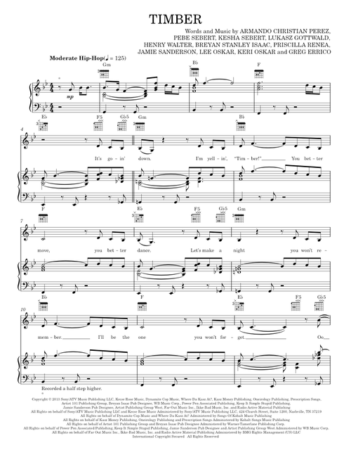 Timber - Pitbull, Pitbull Featuring Ke$ha (Piano-Vocal-Guitar)