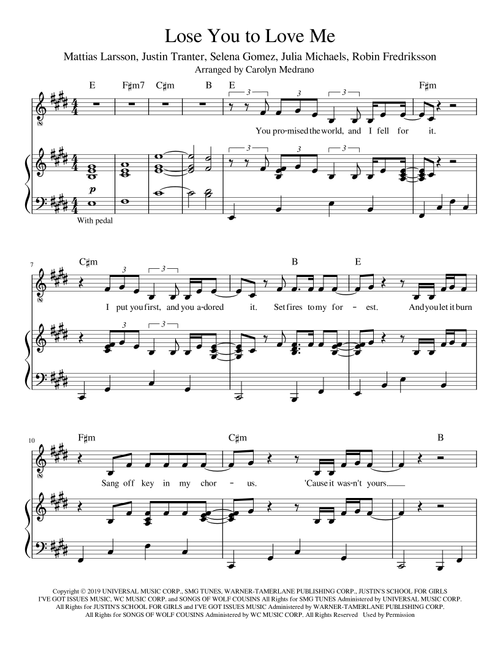 Lose You To Love Me (Arr. Carolyn Medrano) - Selena Gomez (Piano Vocal)