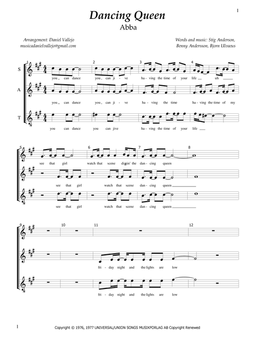 Dancing Queen (Arr. Daniel Vallejo) - ABBA (Choral, SAT)