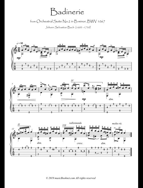Badinerie by Bach BWV 1067 guitar solo (Arr. PianoSheetNow) - Johann Sebastian Bach (Guitar Tab)