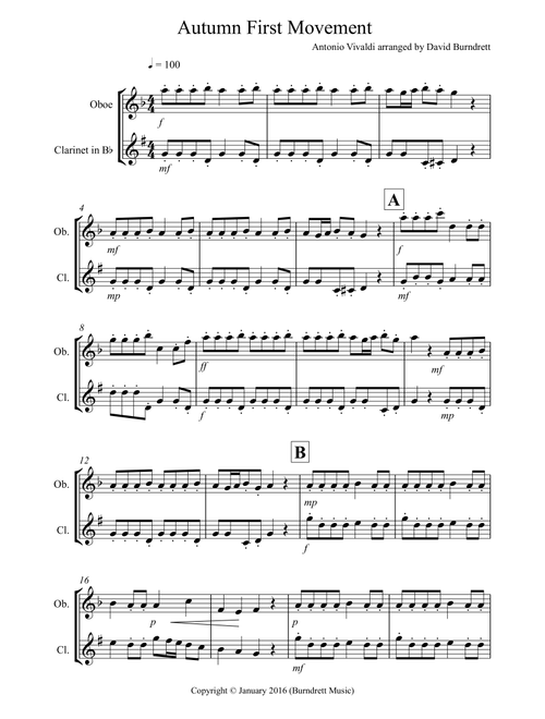 Autumn "Four Seasons" for Oboe and Clarinet Duet (Arr. David Burndrett) - Antonio Vivaldi (Instrumental Duet)