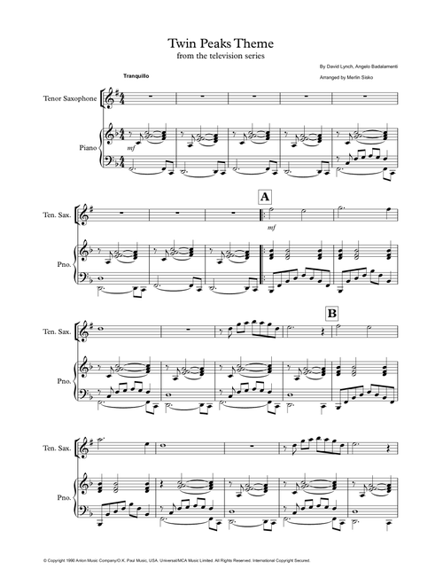 Twin Peaks Theme (Arr. Merlin Sisko) - David Lynch, Angelo Badalamenti (Tenor Sax and Piano)
