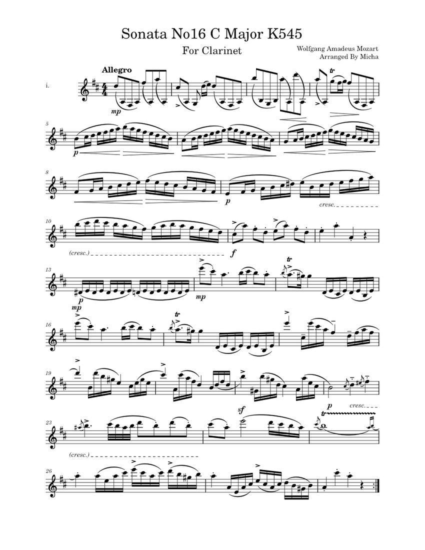 Sonata No.16 in C K545 By WA Mozart For Clarinet Sheet Music