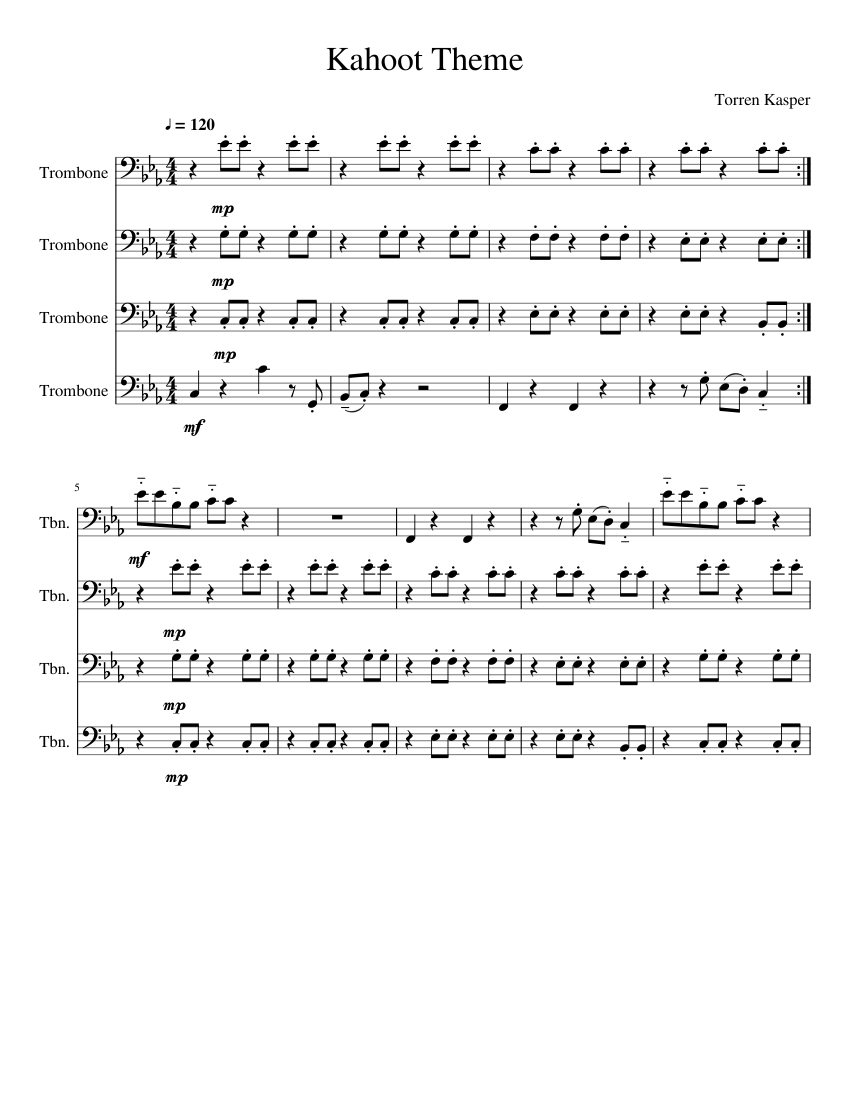 Kahoot Theme Trombone Quartet Sheet Music for Trombone (Mixed Quartet ...
