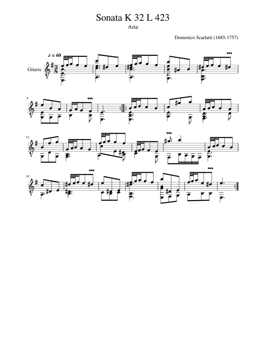 Domenico Scarlatti Sonata K 32 - L 423 Sheet Music for Guitar