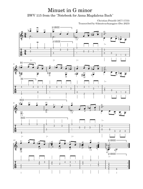 Minuet in G minor, BWV Anh.115 – Christian Pezold (Guitar + TAB)