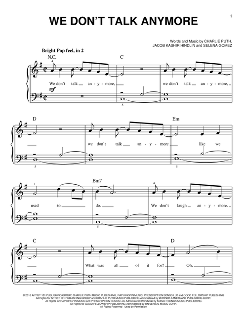 We Don't Talk Anymore - Charlie Puth feat Selena Gomez (Very Easy Piano)