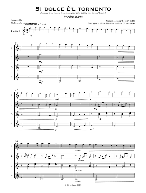 Si dolce e'l tormento (for guitar quartet) (Arr. Clive Lane) (Guitar Ensemble)