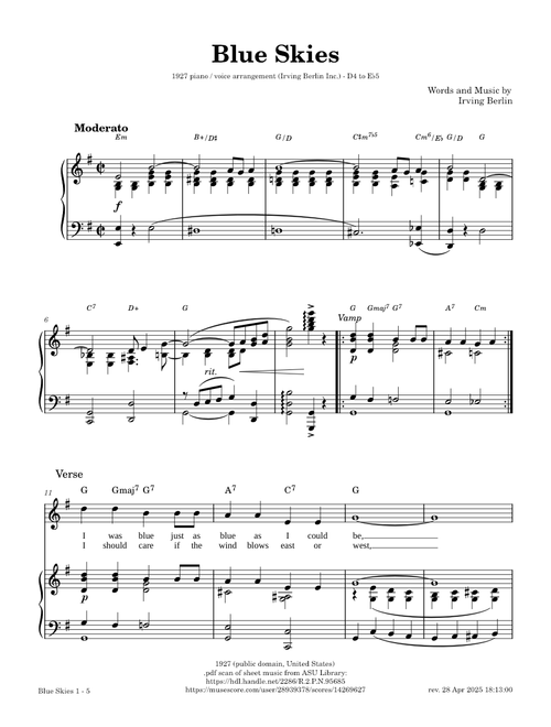 Blue Skies –  Irving Berlin [1927 piano / vocal arrangement]