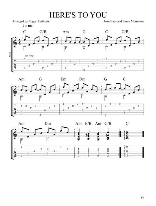 Here's To You (Arr. Roger Lartheau) - Joan Baez (Guitar Tab)