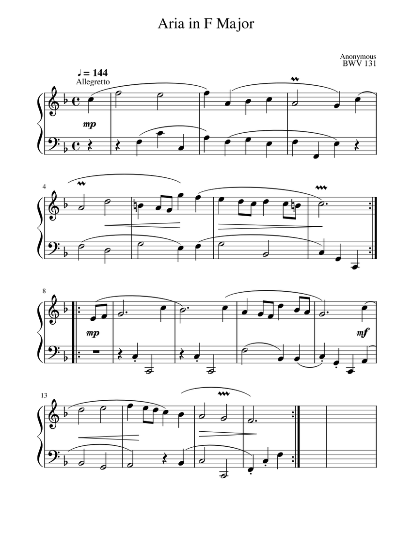 Aria in F Major Sheet Music for Piano (Solo) easy | MuseScore.com