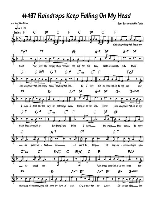 Raindrops Keep Fallin' On My Head (Arr. John Fries) - B.J. Thomas (Piano-Vocal-Guitar (Piano Accompaniment))