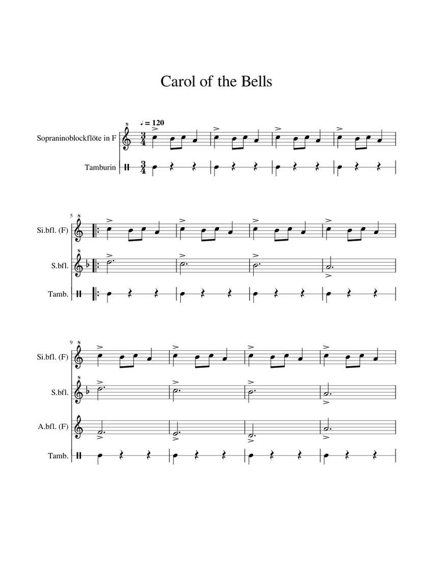 Carol of the Bells Sheet Music for Tambourine, Recorder (Woodwind ...