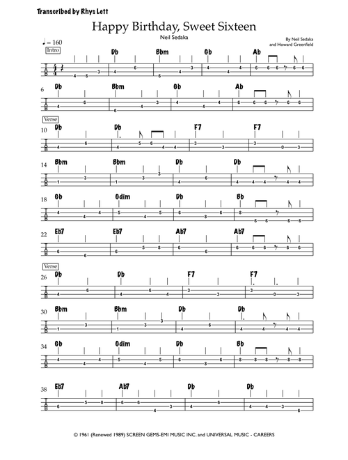Happy Birthday Sweet Sixteen (Arr. Rhys Lett) - Neil Sedaka (Bass Tab)