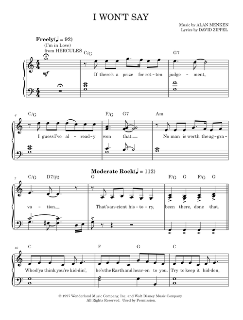 I Won't Say (I'm In Love) - Alan Menken (Easy Piano)