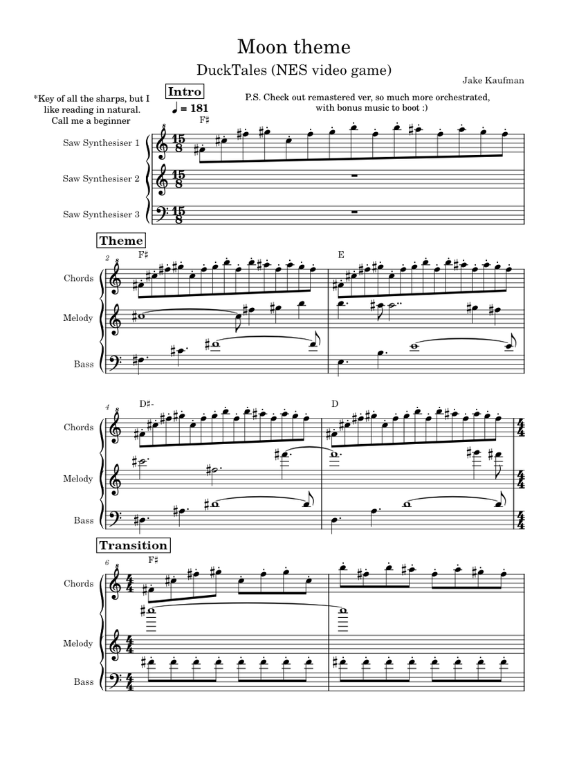 Moon theme - DuckTales (NES version) Sheet Music with Chords for ...