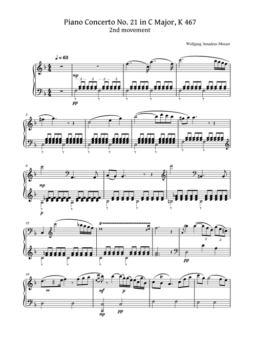 Mozart - Piano Concerto No.21 in C major, K.467 - II.Andante 2nd Mov - For Piano Solo (Arr. poon) - Wolfgang Amadeus Mozart (Piano Solo)