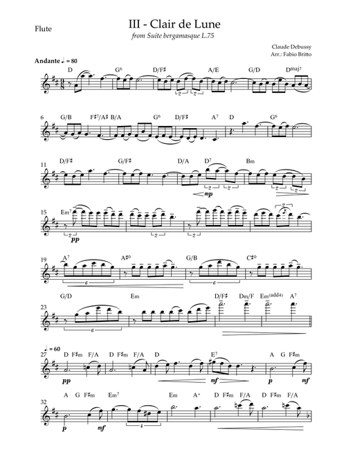 Clair de Lune (C. Debussy) for Flute Solo with Chords (D Major) (Arr. Fabio Britto) - Claude Debussy (Flute Solo)