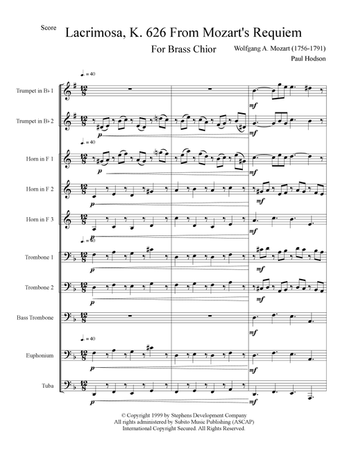 Lacrimosa K. 626 From Mozart's Requiem Mass in D Minor (Arr. Paul E. Hodson II) - Wolfgang A. Mozart (Brass Ensemble)
