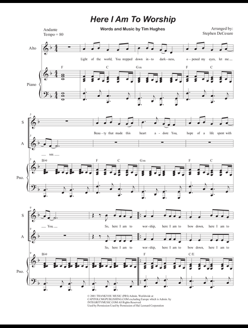 Here I Am To Worship (light Of The World) (Arr. Stephen DeCesare) - Phillips Craig & Dean (Voice Duet and Piano)