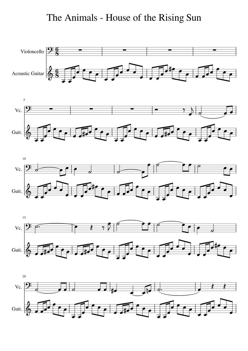 The Animals - House of the Rising Sun Sheet music for Cello, Guitar (Mixed  Duet) 