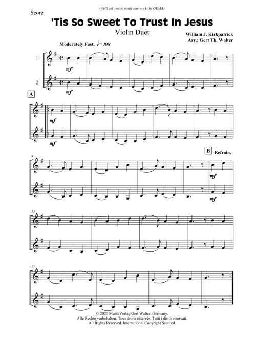 'Tis So Sweet To Trust In Jesus (Arr. Gert Th. Walter) - William J Kirkpatrick (Violin Duet)