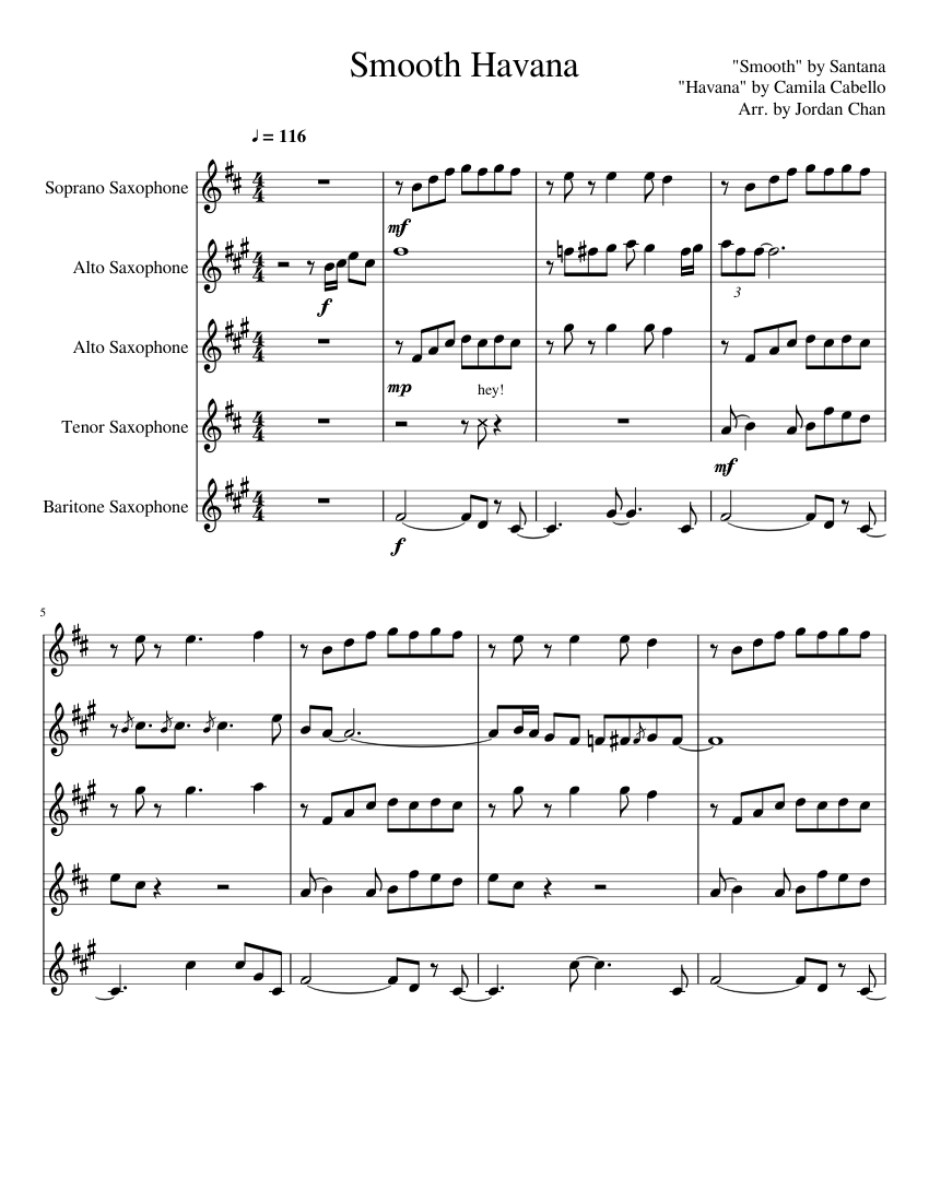 Smooth Havana Sax Quintet Mashup Sheet music for Saxophone alto Saxophone tenor Saxophone baritone Saxophone soprano Woodwind Quintet Musescore
