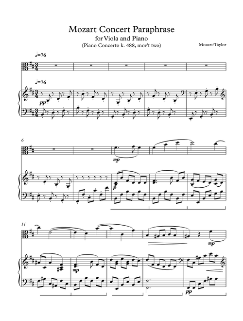 Concert paraphrase for Viola and Piano (Mozart k.488, Mov't II Piano Concerto) (Arr. Paul Taylor) (Viola and Piano)