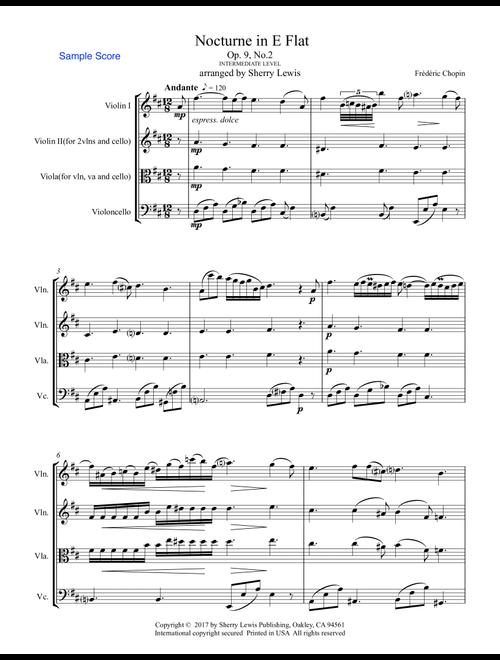 NOCTURNE Op.9 No.2 String Trio for two violins and cello or violin, viola and cello (Arr. Sherry Lewis Publishing) - Frederic Chopin (String Ensemble)
