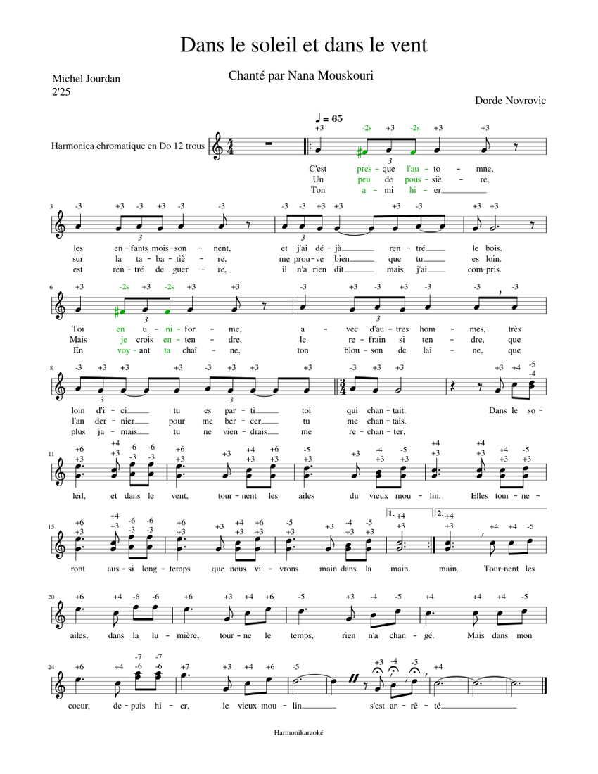 Dans le soleil et dans le vent DO Sheet music for Harmonica (Mixed