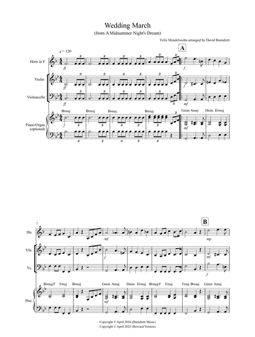 Wedding March (from A Midsummer Night's Dream) for Horn, Violin and Cello Trio (Arr. David Burndrett) - Felix Mendelssohn (Small Ensemble)