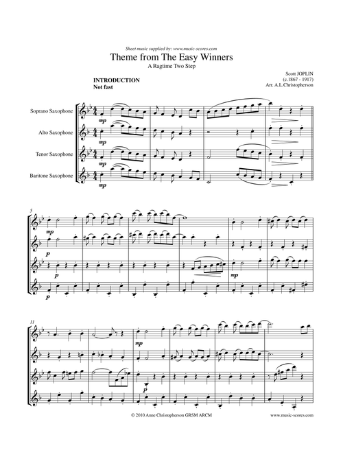 The Easy Winners - Long version - Sax Quartet (Arr. Anne L Christopherson GRSM ARCM) - Joplin, Scott (Woodwind Ensemble)