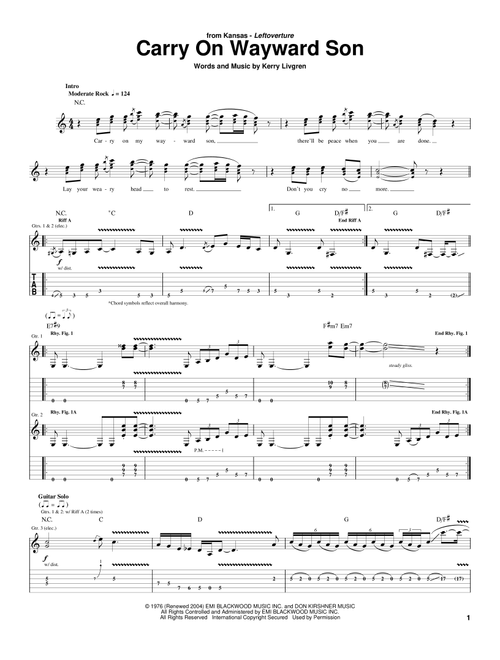 Carry On Wayward Son - Kansas (Guitar Tab)