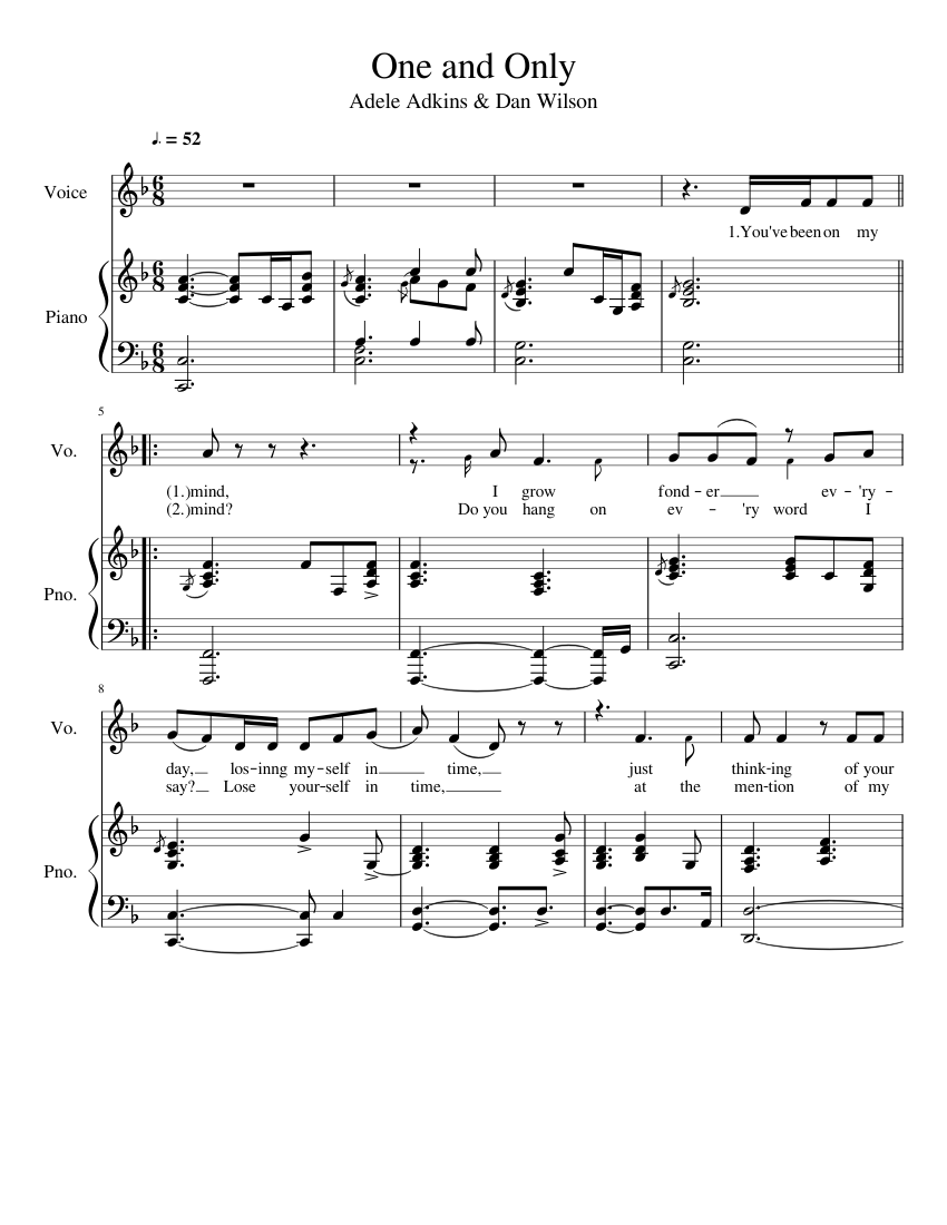 One and Only Sheet Music for Piano, Vocals (Mixed Trio