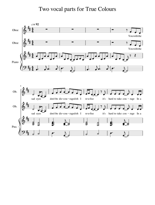 True Colours piano and 2 vocal parts