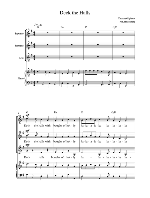 Deck The Hall - Christmas Songs for Choir SSA. Score and parts included. (Arr. Heisenberg) - Thomas Oliphant (Choral, SSA)