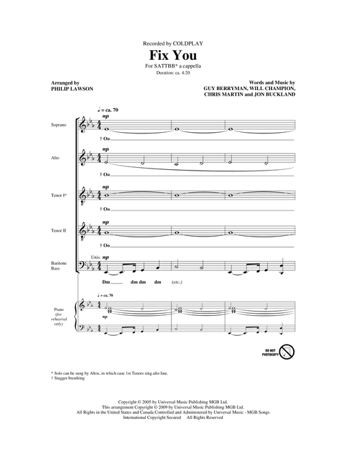 Fix You (Arr. Philip Lawson) - Coldplay (Choral, SATB)