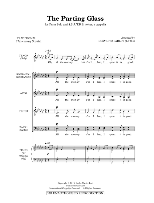 The Parting Glass (Arr. Desmond Earley) - Traditional Irish (Choral, SATB divisi)