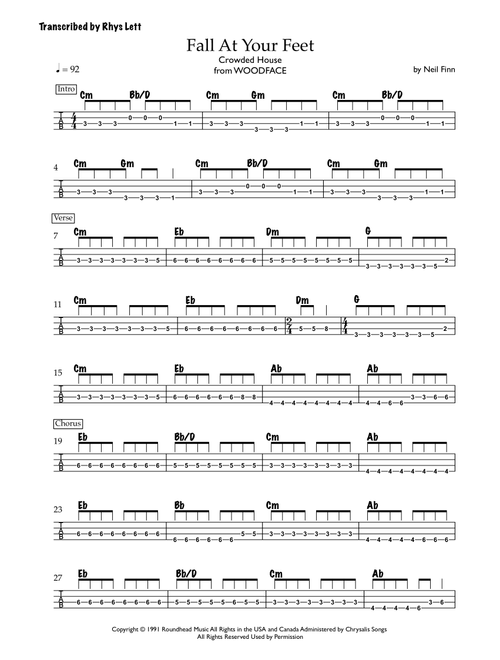 Fall At Your Feet (Arr. Rhys Lett) - Crowded House (Bass Tab)