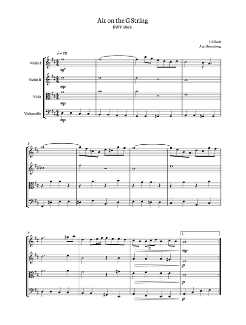 Bach - Air on G String for String Quartet (Arr. Heisenberg) - J S Bach (String Quartet)