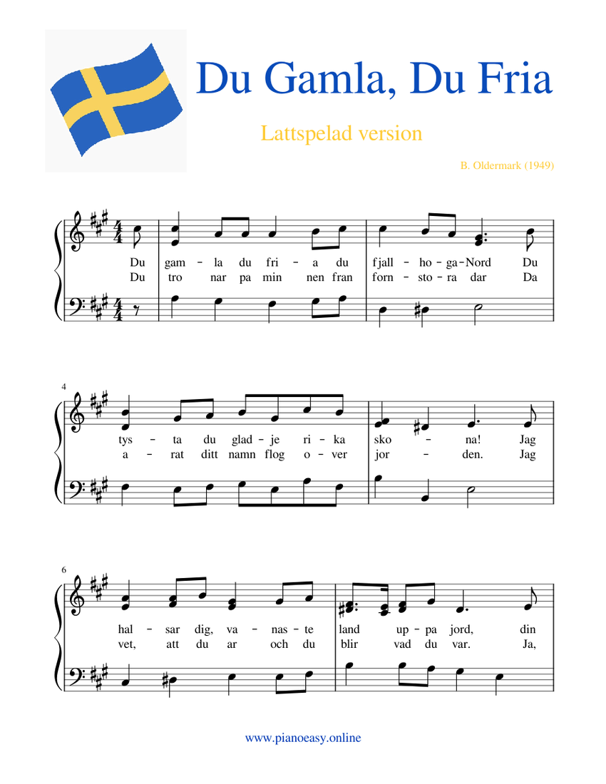 Swedish National Anthem - Du Gamla Du Fria – Misc Traditional Sheet ...