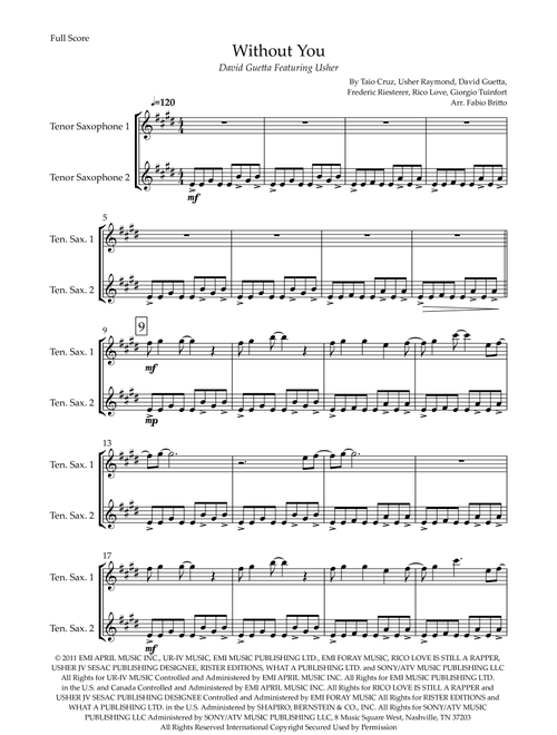Without You (Arr. Fabio Britto) - David Guetta Featuring Usher (Tenor Sax Duet)