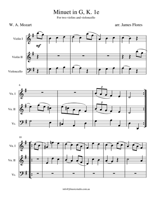 Minuet in G, K. 1e (2 violins and cello) (Arr. James Flores) - Wolfgang Amadeus Mozart (String Ensemble)